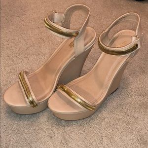 Size 7.5 nude and gold detail platform wedge heels